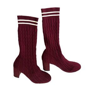 Catherine Malandrino Sock Boots Mid Calf Pulley Cable Knit Sweater Burgundy 8.5
